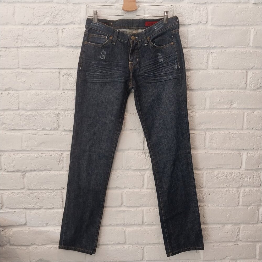 VIGOSS Jeans Womens 7 Skinny Low Rise Dark Blue Waist 31 Whiskers Flap Pockets